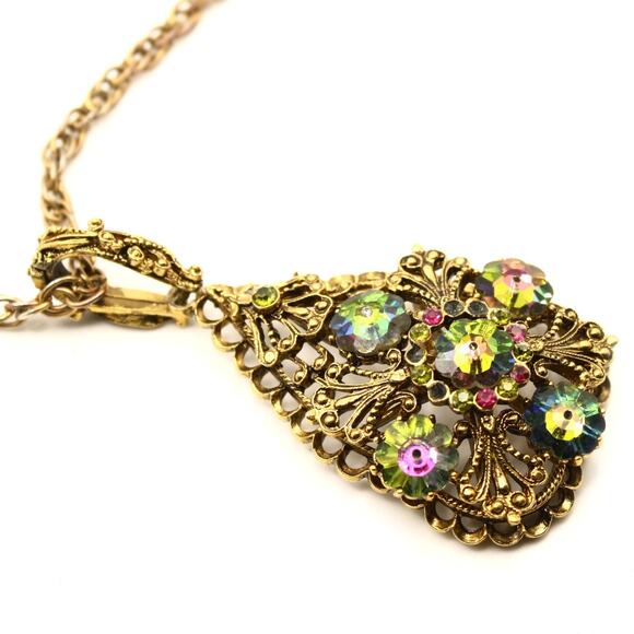 Vintage Gold Filigree Teardrop Pendant Necklace w Aurora Rhinestones – Hey Viv - Picture 5 of 7